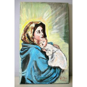 DIPINTO OLIO TELA G. Pane 1992 MADONNA CON BAMBINO GESU' MATERNITA' RELIGIOSO 