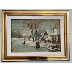 DIPINTO OLIO TAVOLA SCENA RURALE PAESAGGIO FIGURE PATTINI LAGO GHIACCIATO
