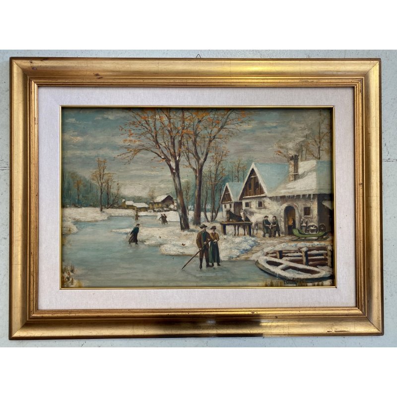 DIPINTO OLIO TAVOLA SCENA RURALE PAESAGGIO FIGURE PATTINI LAGO GHIACCIATO