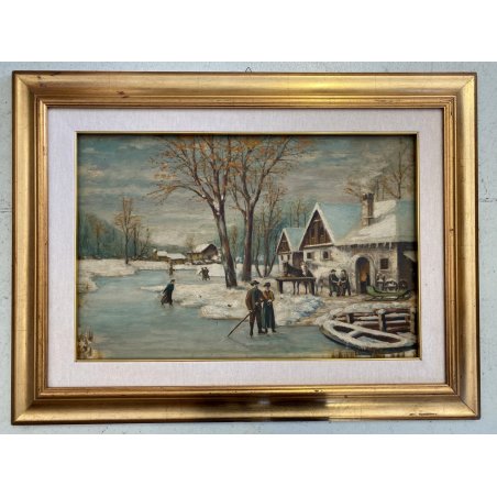 DIPINTO OLIO TAVOLA SCENA RURALE PAESAGGIO FIGURE PATTINI LAGO GHIACCIATO
