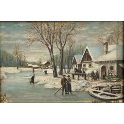 DIPINTO OLIO TAVOLA SCENA RURALE PAESAGGIO FIGURE PATTINI LAGO GHIACCIATO