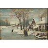 DIPINTO OLIO TAVOLA SCENA RURALE PAESAGGIO FIGURE PATTINI LAGO GHIACCIATO