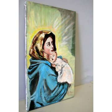 DIPINTO OLIO TELA G. Pane 1992 MADONNA CON BAMBINO GESU' MATERNITA' RELIGIOSO 