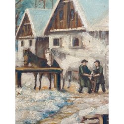 DIPINTO OLIO TAVOLA SCENA RURALE PAESAGGIO FIGURE PATTINI LAGO GHIACCIATO