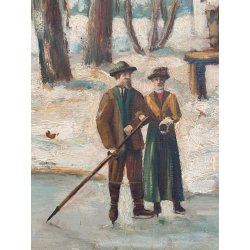 DIPINTO OLIO TAVOLA SCENA RURALE PAESAGGIO FIGURE PATTINI LAGO GHIACCIATO