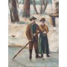 DIPINTO OLIO TAVOLA SCENA RURALE PAESAGGIO FIGURE PATTINI LAGO GHIACCIATO