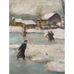 DIPINTO OLIO TAVOLA SCENA RURALE PAESAGGIO FIGURE PATTINI LAGO GHIACCIATO