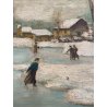 DIPINTO OLIO TAVOLA SCENA RURALE PAESAGGIO FIGURE PATTINI LAGO GHIACCIATO