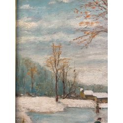 DIPINTO OLIO TAVOLA SCENA RURALE PAESAGGIO FIGURE PATTINI LAGO GHIACCIATO