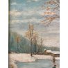 DIPINTO OLIO TAVOLA SCENA RURALE PAESAGGIO FIGURE PATTINI LAGO GHIACCIATO