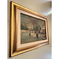 DIPINTO OLIO TAVOLA SCENA RURALE PAESAGGIO FIGURE PATTINI LAGO GHIACCIATO