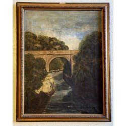 DIPINTO OLIO TELA PAESAGGIO FLUVIALE PONTE ad ARCO PIETRA FIUME BOSCO FINE '800