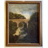 DIPINTO OLIO TELA PAESAGGIO FLUVIALE PONTE ad ARCO PIETRA FIUME BOSCO FINE '800