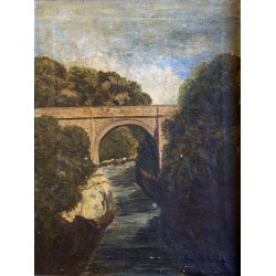 DIPINTO OLIO TELA PAESAGGIO FLUVIALE PONTE ad ARCO PIETRA FIUME BOSCO FINE '800