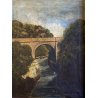 DIPINTO OLIO TELA PAESAGGIO FLUVIALE PONTE ad ARCO PIETRA FIUME BOSCO FINE '800