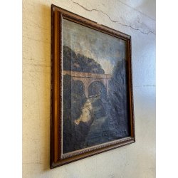 DIPINTO OLIO TELA PAESAGGIO FLUVIALE PONTE ad ARCO PIETRA FIUME BOSCO FINE '800