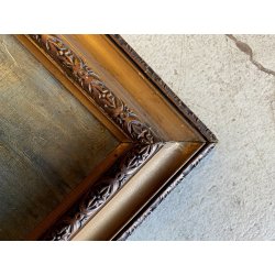 DIPINTO OLIO TELA PAESAGGIO FLUVIALE PONTE ad ARCO PIETRA FIUME BOSCO FINE '800