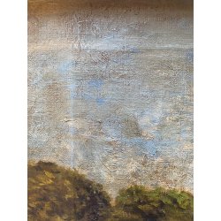 DIPINTO OLIO TELA PAESAGGIO FLUVIALE PONTE ad ARCO PIETRA FIUME BOSCO FINE '800