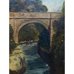 DIPINTO OLIO TELA PAESAGGIO FLUVIALE PONTE ad ARCO PIETRA FIUME BOSCO FINE '800