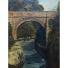 DIPINTO OLIO TELA PAESAGGIO FLUVIALE PONTE ad ARCO PIETRA FIUME BOSCO FINE '800