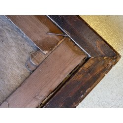 DIPINTO OLIO TELA PAESAGGIO FLUVIALE PONTE ad ARCO PIETRA FIUME BOSCO FINE '800