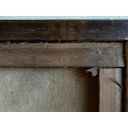 DIPINTO OLIO TELA PAESAGGIO FLUVIALE PONTE ad ARCO PIETRA FIUME BOSCO FINE '800