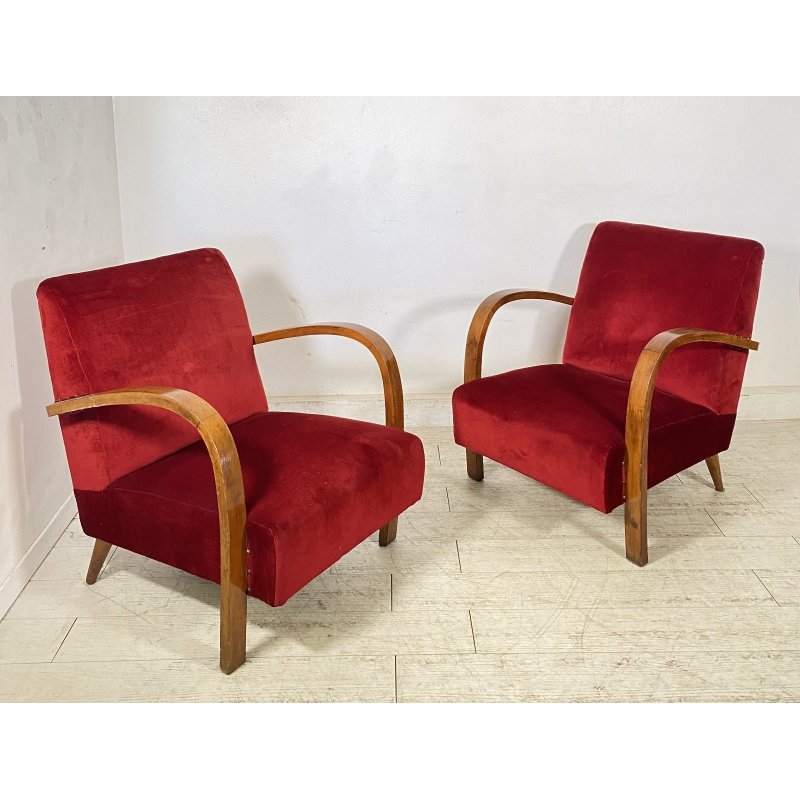 COPPIA POLTRONA Art Decò 1940 ARMCHAIR LEGNO DIVANO ITALY STOFFA ROSSA VINTAGE