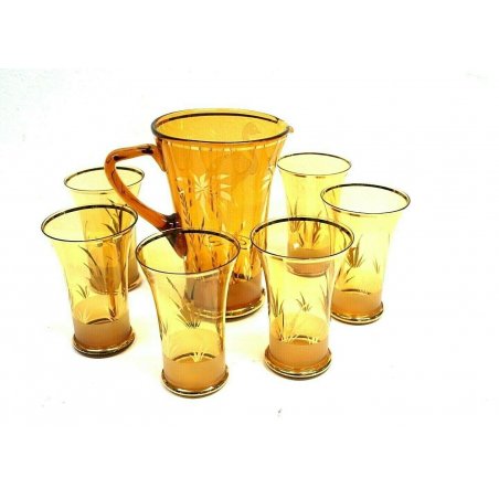 SET CARAFFA 6 BICCHIERI VETRO AMBRATO COCKTAIL LONG DRINK FENICOTTERO PALME '50s