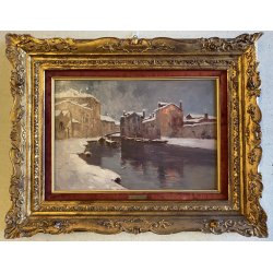 DIPINTO OLIO R. Crippa PAESAGGIO INVERNALE VEDUTA NAVIGLIO BARCHE RIFLESSI '900