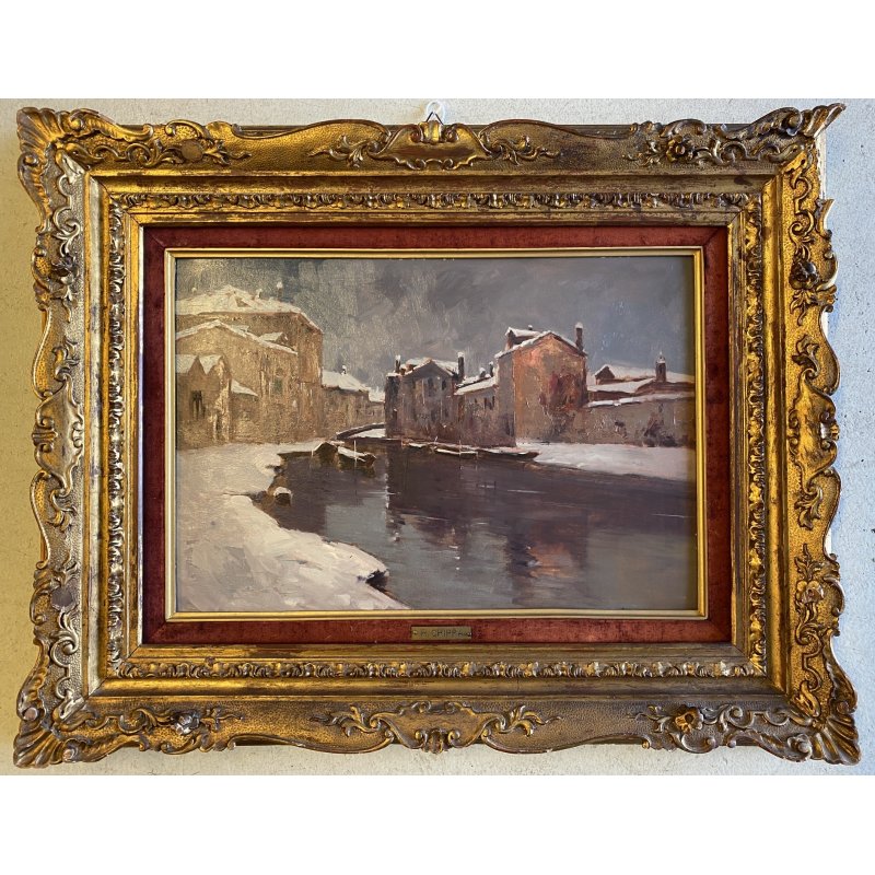 DIPINTO OLIO R. Crippa PAESAGGIO INVERNALE VEDUTA NAVIGLIO BARCHE RIFLESSI '900