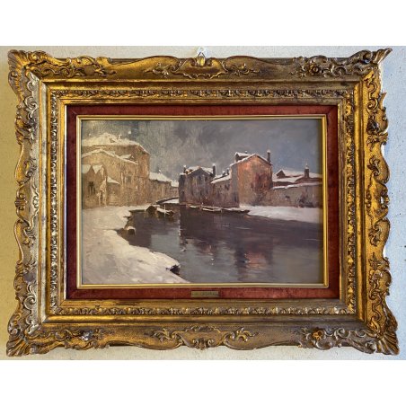 DIPINTO OLIO R. Crippa PAESAGGIO INVERNALE VEDUTA NAVIGLIO BARCHE RIFLESSI '900