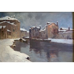 DIPINTO OLIO R. Crippa PAESAGGIO INVERNALE VEDUTA NAVIGLIO BARCHE RIFLESSI '900
