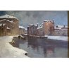 DIPINTO OLIO R. Crippa PAESAGGIO INVERNALE VEDUTA NAVIGLIO BARCHE RIFLESSI '900
