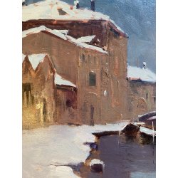 DIPINTO OLIO R. Crippa PAESAGGIO INVERNALE VEDUTA NAVIGLIO BARCHE RIFLESSI '900