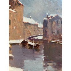 DIPINTO OLIO R. Crippa PAESAGGIO INVERNALE VEDUTA NAVIGLIO BARCHE RIFLESSI '900