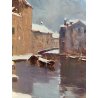 DIPINTO OLIO R. Crippa PAESAGGIO INVERNALE VEDUTA NAVIGLIO BARCHE RIFLESSI '900