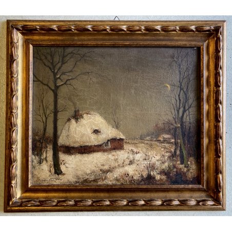 ANTICO DIPINTO OLIO Alfred Van Neste "La chaumiere du bracconier" PAESAGGIO NEVE