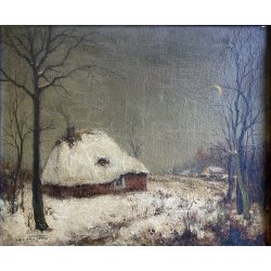 ANTICO DIPINTO OLIO Alfred Van Neste "La chaumiere du bracconier" PAESAGGIO NEVE