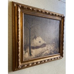 ANTICO DIPINTO OLIO Alfred Van Neste "La chaumiere du bracconier" PAESAGGIO NEVE