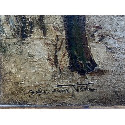 ANTICO DIPINTO OLIO Alfred Van Neste "La chaumiere du bracconier" PAESAGGIO NEVE