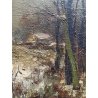 ANTICO DIPINTO OLIO Alfred Van Neste "La chaumiere du bracconier" PAESAGGIO NEVE