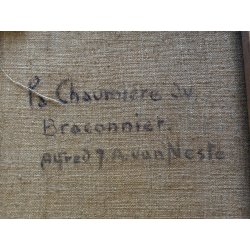 ANTICO DIPINTO OLIO Alfred Van Neste "La chaumiere du bracconier" PAESAGGIO NEVE