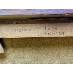 ANTICO DIPINTO OLIO Alfred Van Neste "La chaumiere du bracconier" PAESAGGIO NEVE