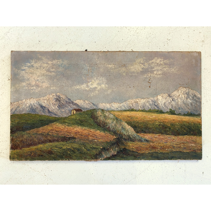 ANTICO DIPINTO OLIO A. Rosa PAESAGGIO ALPINO GHIACCIAI MONTAGNE DIVISIONISTA