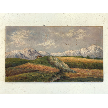 ANTICO DIPINTO OLIO A. Rosa PAESAGGIO ALPINO GHIACCIAI MONTAGNE DIVISIONISTA