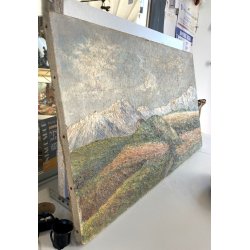 ANTICO DIPINTO OLIO A. Rosa PAESAGGIO ALPINO GHIACCIAI MONTAGNE DIVISIONISTA