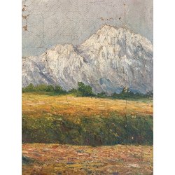 ANTICO DIPINTO OLIO A. Rosa PAESAGGIO ALPINO GHIACCIAI MONTAGNE DIVISIONISTA