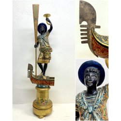 SCULTURA MORETTO VENEZIANO GONDOLIERE LEGNO SCOLPITO DORATO DIPINTO SMALTO '800