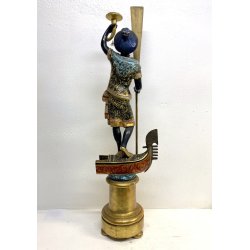SCULTURA MORETTO VENEZIANO GONDOLIERE LEGNO SCOLPITO DORATO DIPINTO SMALTO '800