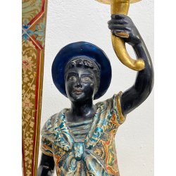 SCULTURA MORETTO VENEZIANO GONDOLIERE LEGNO SCOLPITO DORATO DIPINTO SMALTO '800